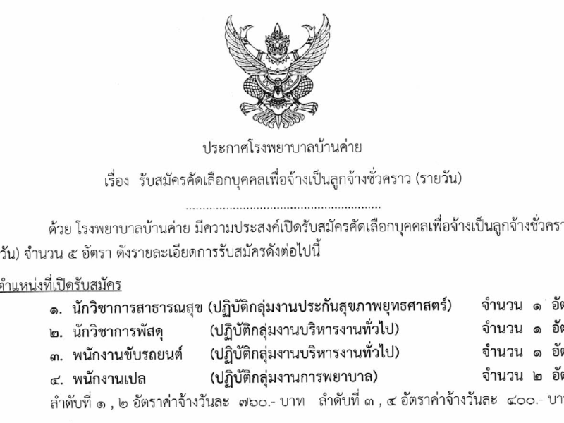 รับสมัครลูกจ้างชั่วคราวรายวันจำนวน 5 อัตรา เดือนพฤษภาคม 2568