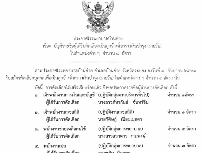 ประกาศผลคัดเลือกลูกจ้างชั่วคราว(รายวัน)จำนวน 9 อัตรา เดือนกันยายน 2568