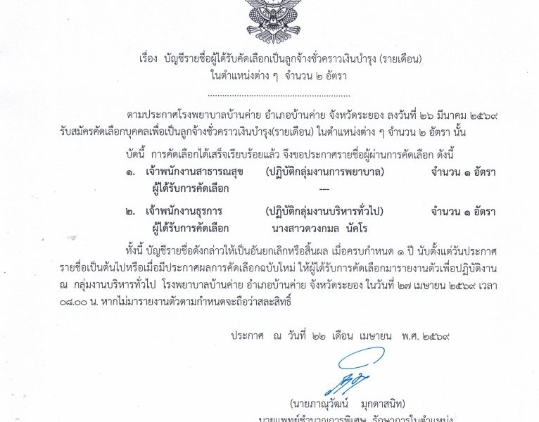 ประกาศผลรายเดือนจพ.ธุรการทำงาน27เมย2569
